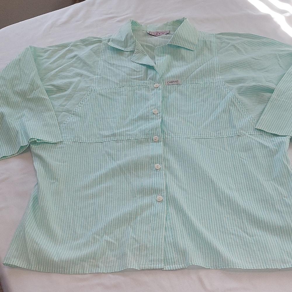 Cabaris Mint Green Striped Button-Up Shirt .Vintage 80s